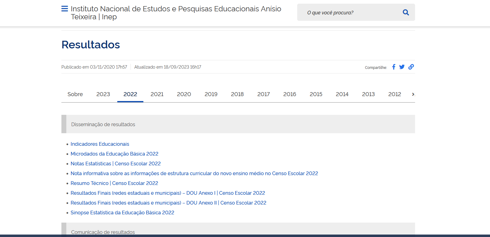 Tela inicial do site do INEP